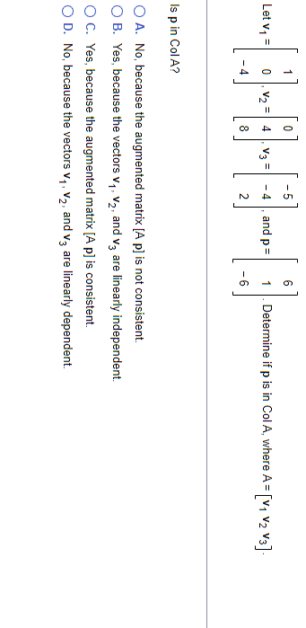 6 Let V1 1 60 V2 V3 And P Determine If P Is In Col A Where A V1 V2 V3 4 8 2 6 Is P In Col A O A No Becau 1
