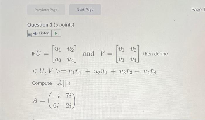 Previous Page Next Page Page 1 Question 1 5 Points Listen Uz U Uz V1 V2 If U And V Then Define U3 U4 U3 34 U V 1