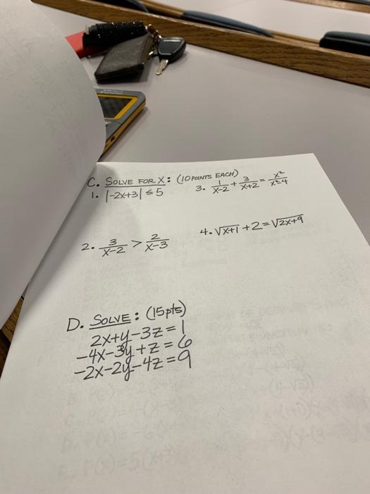 C Solve For X 10 Pounts Each 1 1 2x 3 5 3 2 2 2 4 Vx 1 2 V2x 9 2 X2 X 3 D Solve 15 Pts 2x Y Z 1 4x 1