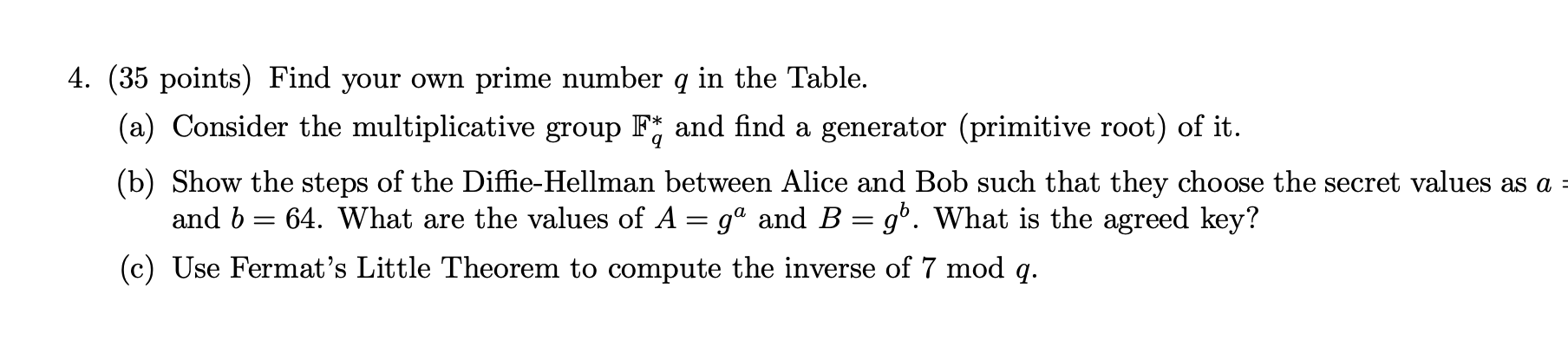 A 4 35 Points Find Your Own Prime Number Q In The Table A Consider The Multiplicative Group F And Find A Generator 1