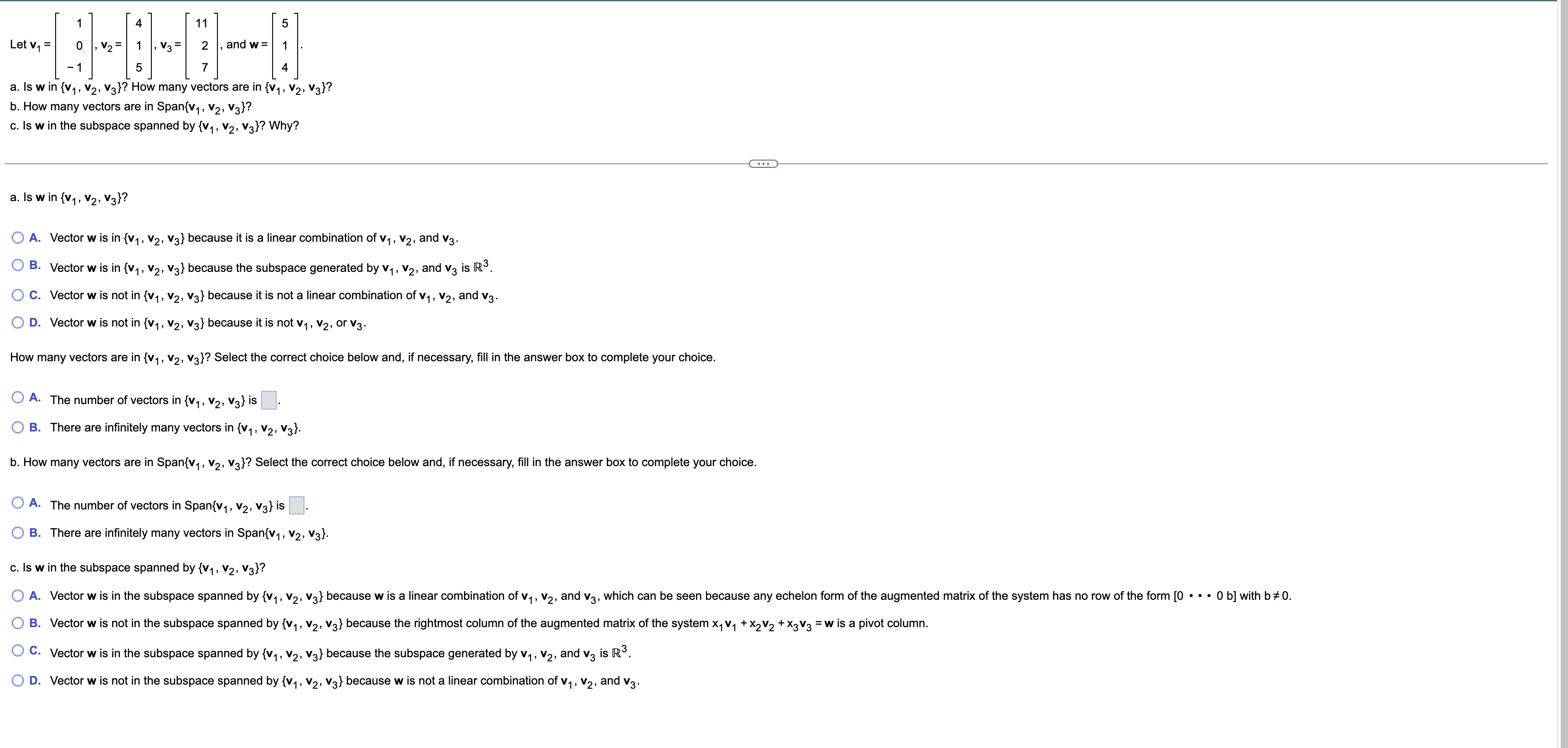 1 4 11 5 12 1 Let Vi 0 V2 And W 1 1 4 1 5 7 A Is W In V1 V2 V3 How Many Vectors Are In V1 V2 V3 1