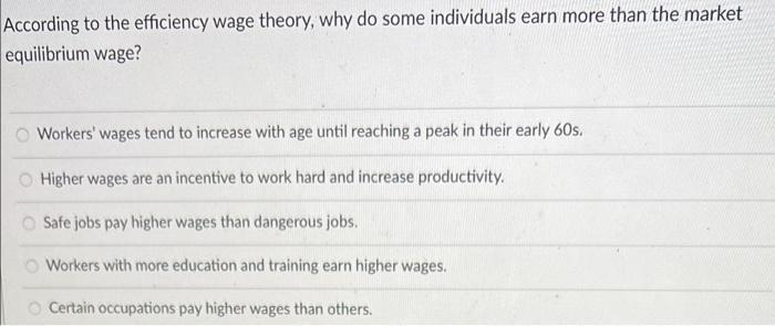 According To The Efficiency Wage Theory Why Do Some Individuals Earn More Than The Market Equilibrium Wage Workers Wa 1