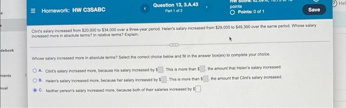 Question 13 3 A 43 Part 1 Of 2 Hel Homework Hw C3sabc Points O Points 0 Of 1 Save Clint S Salary Increased From 20 0 1