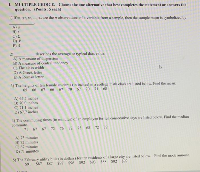 1 Multiple Choice Choose The One Alternative That Best Completes The Statement Or Answers The Question Points 5 Eac 1