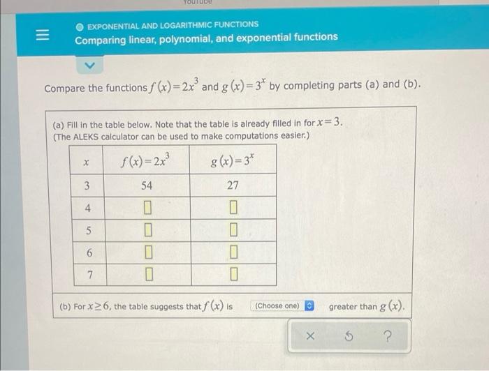 Toutube Exponential And Logarithmic Functions Comparing Linear Polynomial And Exponential Functions Compare The Func 1
