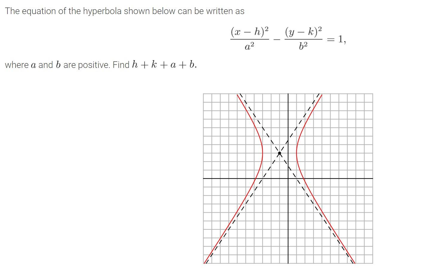 The Equation Of The Hyperbola Shown Below Can Be Written As X H 2 Y K A2 62 1 Where A And B Are Positive Fin 1