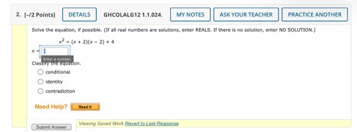 2 2 Points Details Ghcolalg12 1 1 024 My Notes Ask Your Teacher Practice Another Solve The Equation If Possible 1