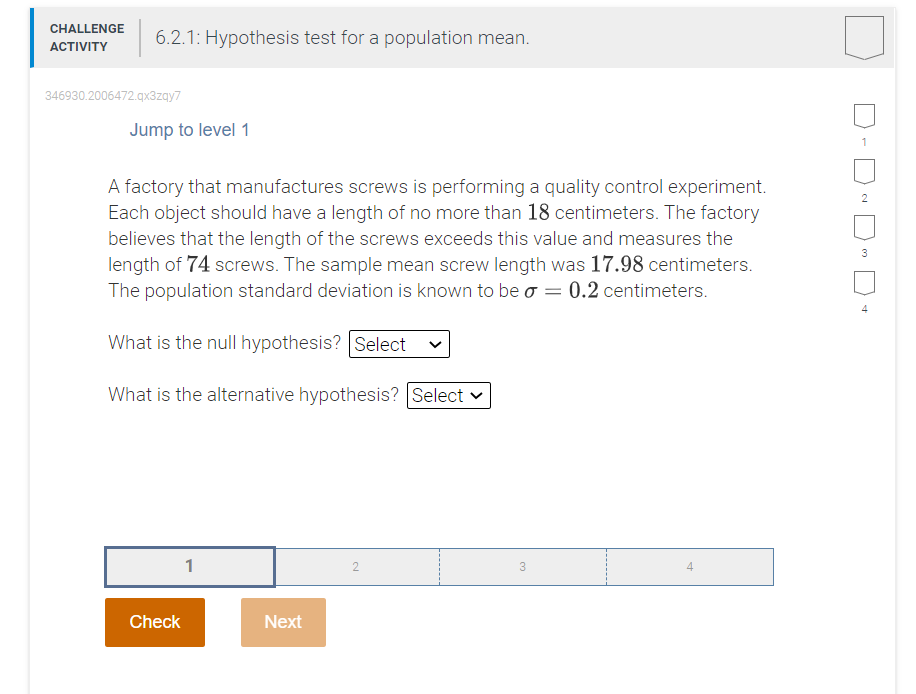 Challenge Activity 6 2 1 Hypothesis Test For A Population Mean 346930 2006472 Qx3zqy7 Jump To Level 1 A Factory That M 1