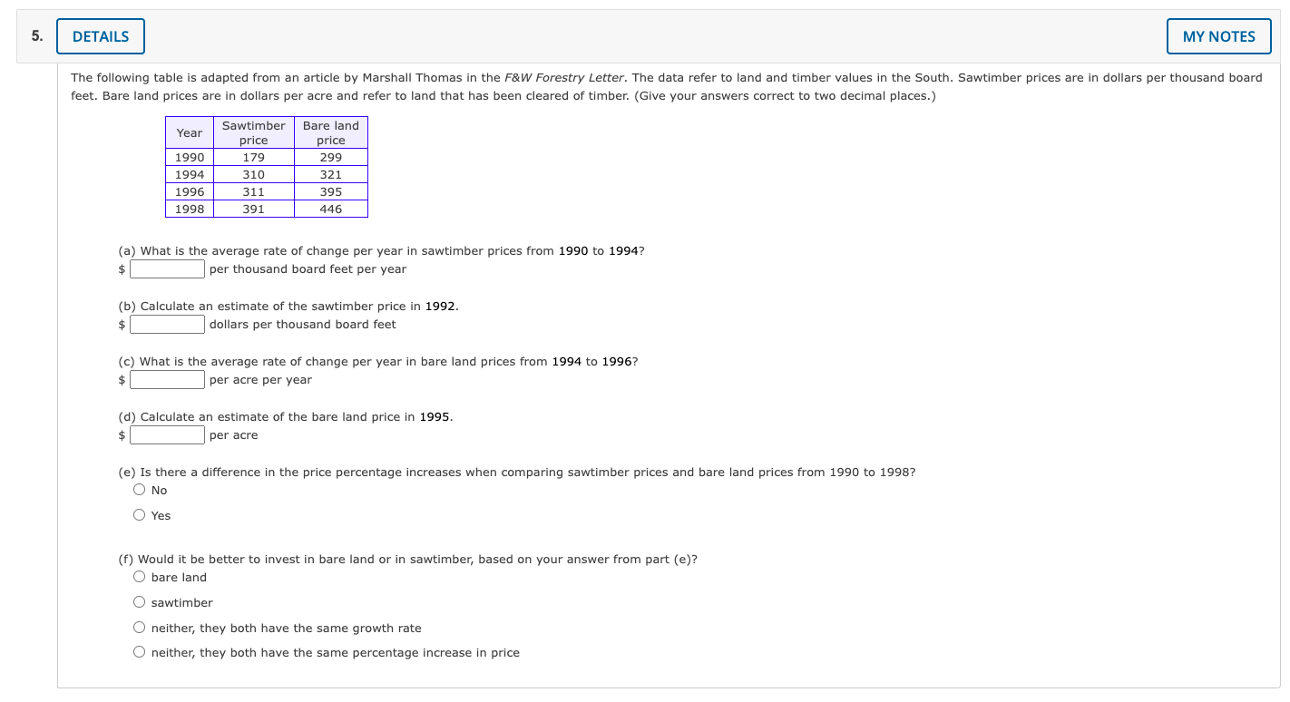 5 Details My Notes The Following Table Is Adapted From An Article By Marshall Thomas In The F W Forestry Letter The Da 1