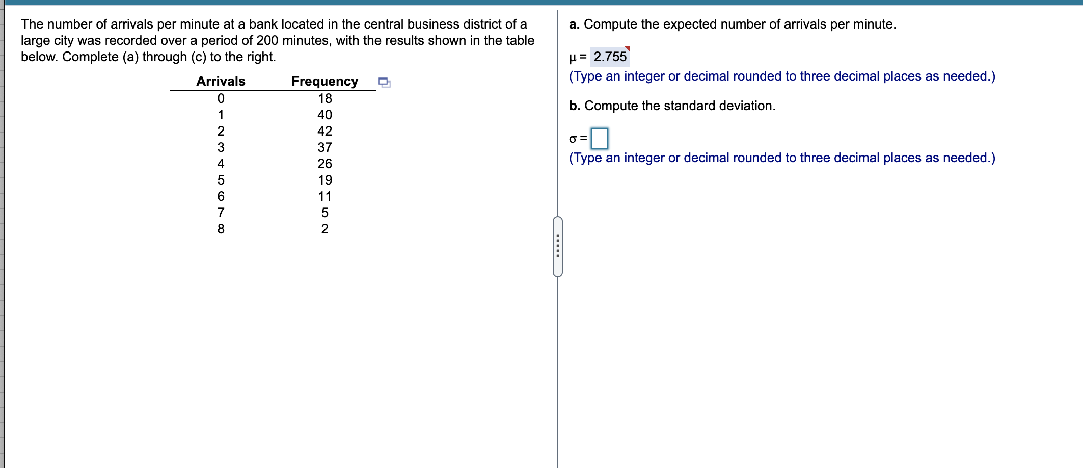 A Compute The Expected Number Of Arrivals Per Minute U 2 755 Type An Integer Or Decimal Rounded To Three Decimal Pl 1
