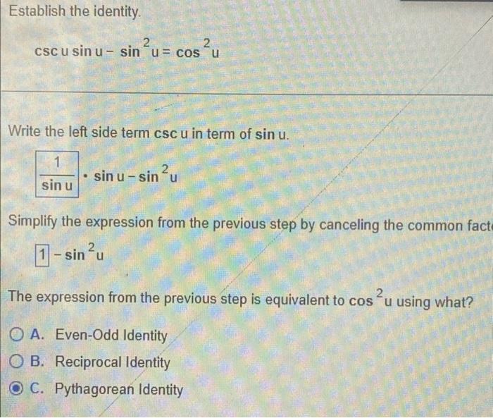 Establish The Identity 2 Csc U Sin U Sinu Cosu 2 Write The Left Side Term Csc U In Term Of Sin U 1 Sin U Sin 1