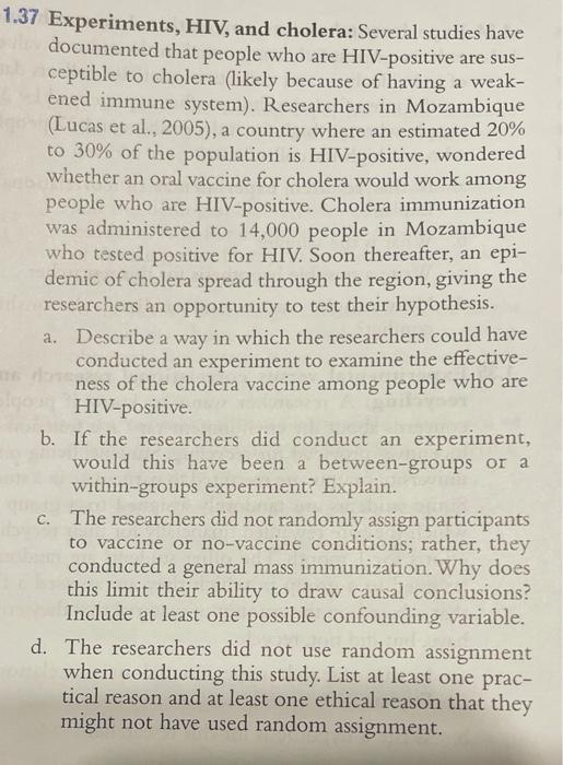 Essentials A Statistics For The Behavioral Sciences Third Edition Pg 20 Question 1 37 Experiments Hiv And Cholera A De 1