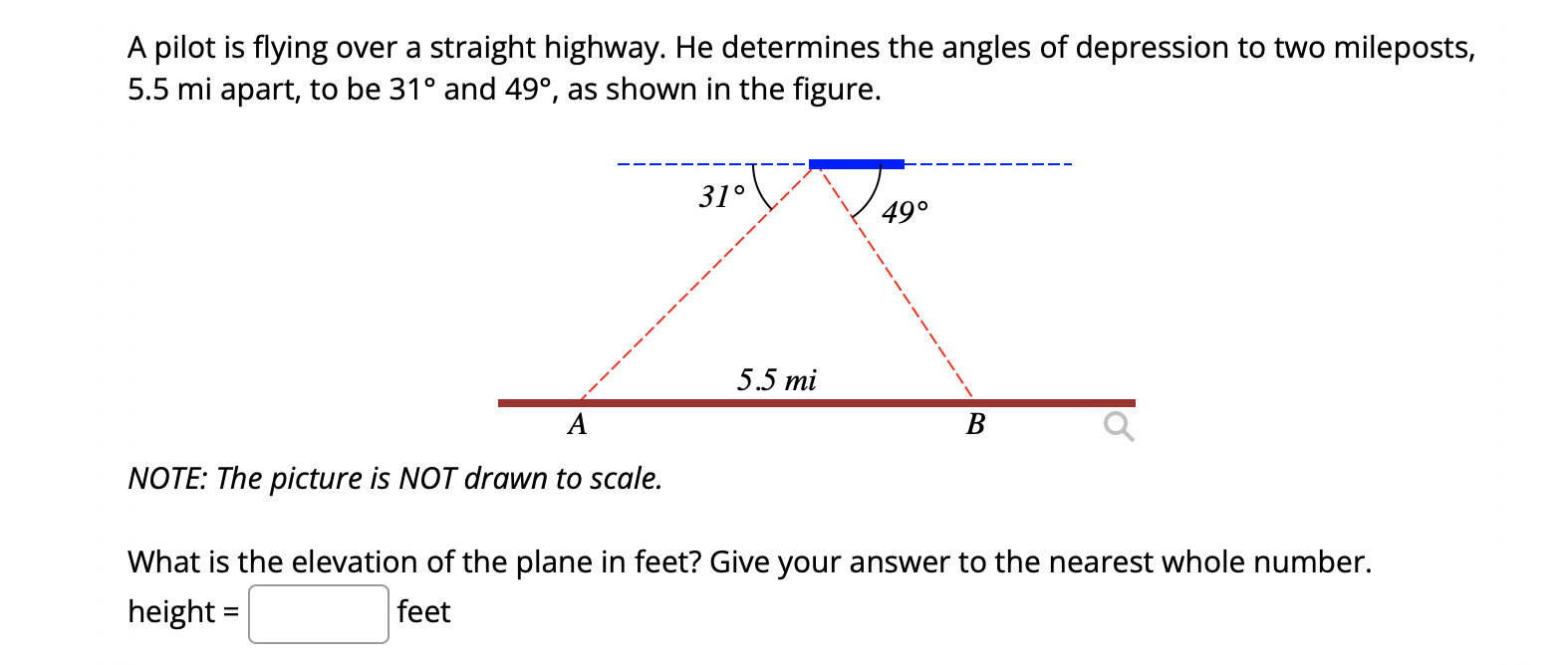 A Pilot Is Flying Over A Straight Highway He Determines The Angles Of Depression To Two Mileposts 5 5 Mi Apart To Be 1
