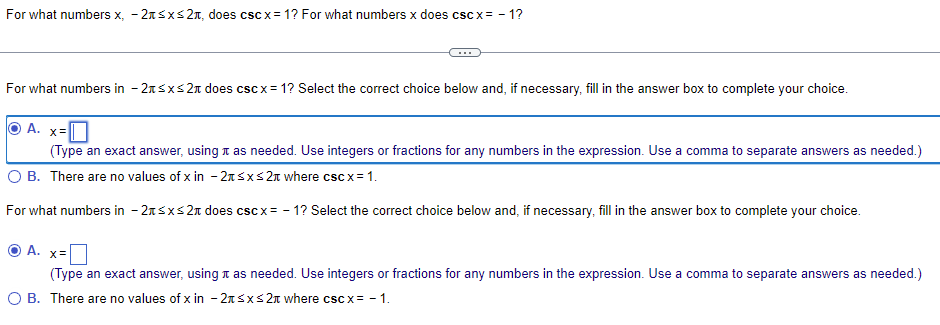 For What Numbers X 21 Sxs21 Does Cscx 1 For What Numbers X Does Csc X 1 For What Numbers In 215x521 Does Cscx 1