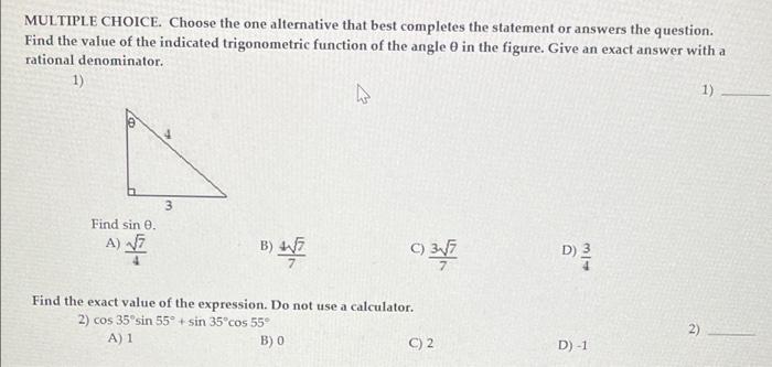 Multiple Choice Choose The One Alternative That Best Completes The Statement Or Answers The Question Find The Value Of 1