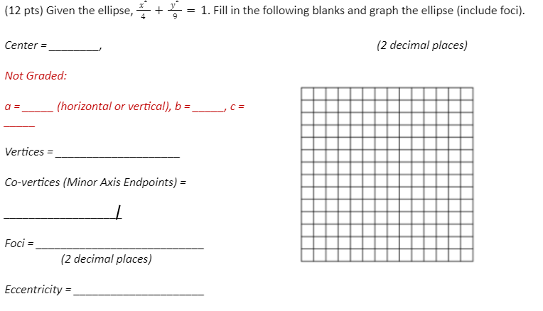 12 Pts Given The Ellipse 1 Fill In The Following Blanks And Graph The Ellipse Include Foci Center 2 Decimal 1