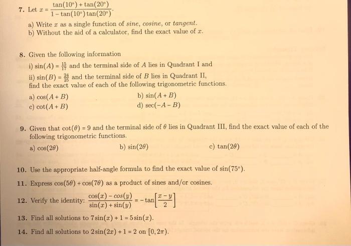 Tan 10 Tan 20 7 Letra 1 Tan 109 Tan 20 A Writer As A Single Function Of Sine Cosine Or Tangent B Without 1