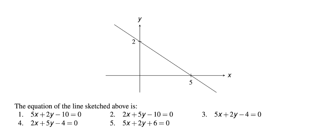 2 X 5 The Equation Of The Line Sketched Above Is 1 5x 2y 10 0 2 2x 5y 10 0 4 2x 5y 4 0 5 5x 2y 6 0 3 1
