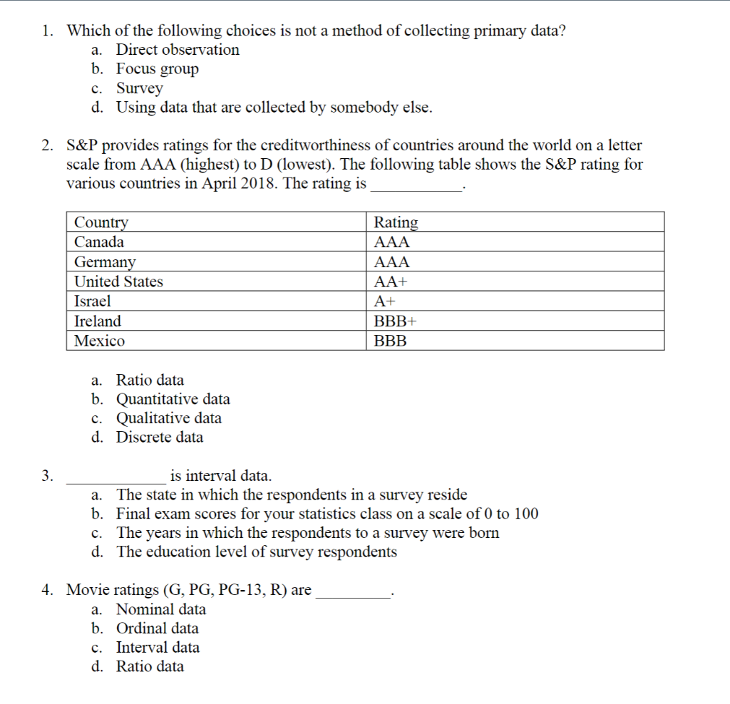 1 Which Of The Following Choices Is Not A Method Of Collecting Primary Data A Direct Observation B Focus Group C Su 1