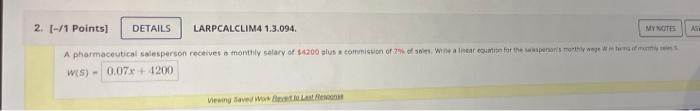 As 2 1 Points Details Larpcalclim4 1 3 094 My Notes A Pharmaceutical Salesperson Receives A Monthly Salary Of 420 1