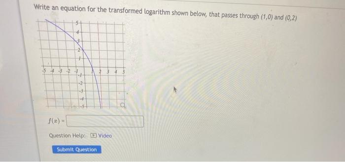 Write An Equation For The Transformed Logarithm Shown Below That Passes Through 1 0 And 0 2 51 3 2 2 3 4 2 Fa 1