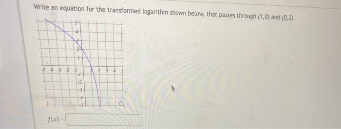 Write An Equation For The Transformed Logarithm Shown Below That Passes Through 1 0 And 0 2 1 54 3 2 23 4 2 La F 1