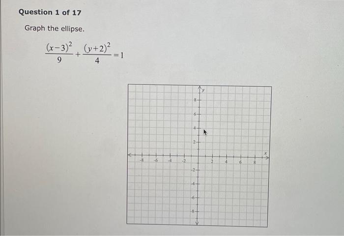 Question 1 Of 17 Graph The Ellipse X 3 2 Y 2 2 1 9 4 8 6 4 2 8 6 2 2 6 24 6 8 1