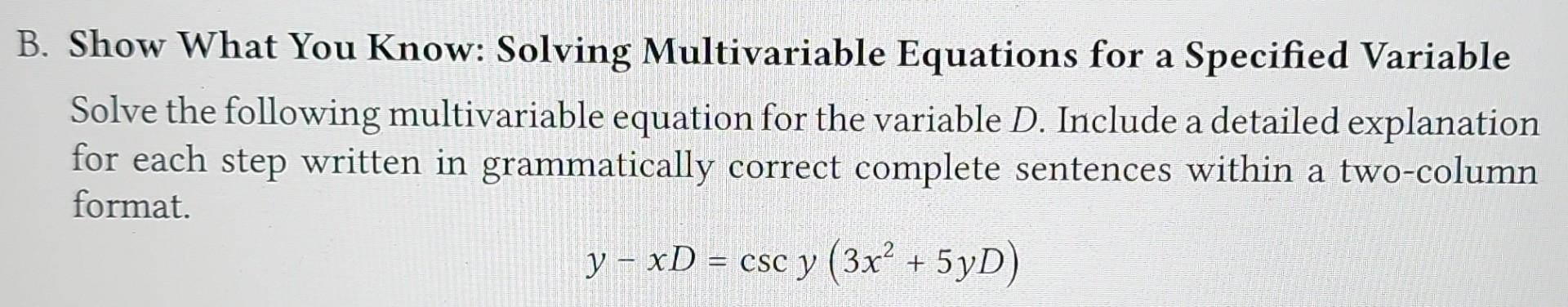 B Show What You Know Solving Multivariable Equations For A Specified Variable Solve The Following Multivariable Equati 1