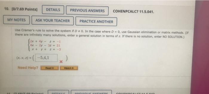 10 0 7 69 Points Details Previous Answers Cohenpcalc7 11 5 041 My Notes Ask Your Teacher Practice Another Use Cramer 1