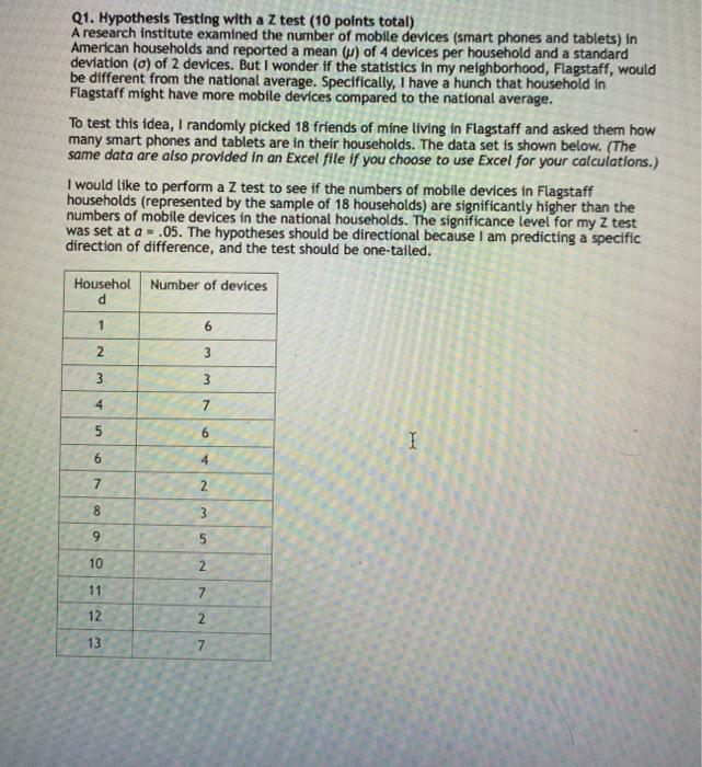 Q1 Hypothesis Testing With A Z Test 10 Points Total A Research Institute Examined The Number Of Mobile Devices Smart 1
