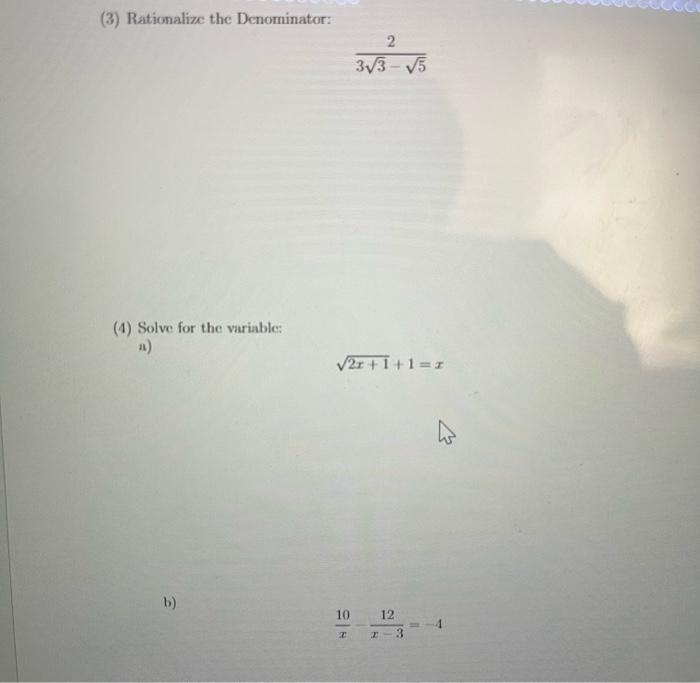 3 Rationalize The Denominator 2 373 5 4 Solve For The Variable V2r 1 1 1 W B 10 12 3 1