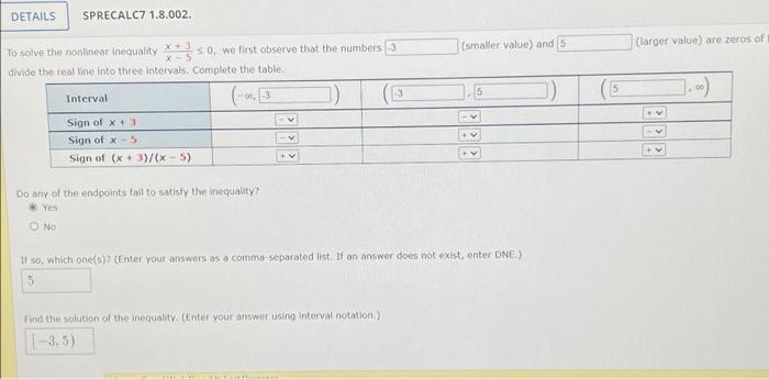 Details Sprecalc7 1 8 002 Smaller Value And 5 Larger Value Are Zeros Of 1 6 To Solve The Nonlinear Inequality S 1