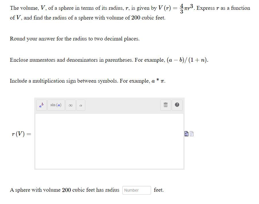 The Volume V Of A Sphere In Terms Of Its Radius R Is Given By V R 112 Express R As A Function Of V And Find 1