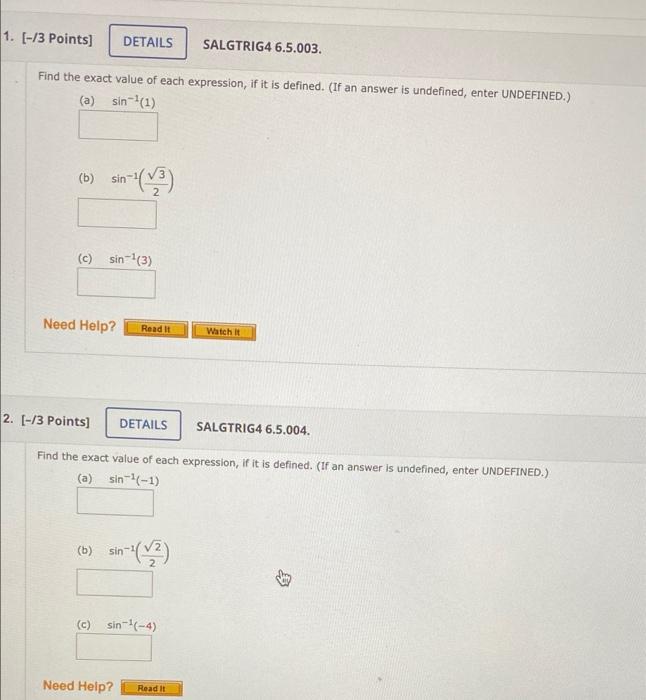 1 13 Points Details Salgtrig4 6 5 003 Find The Exact Value Of Each Expression If It Is Defined If An Answer Is U 1