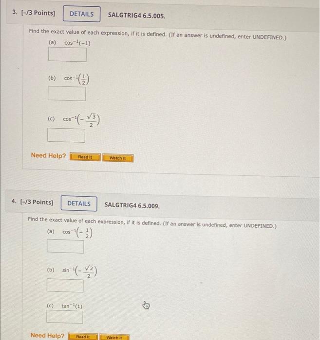 3 13 Points Details Salgtrig4 6 5 005 Find The Exact Value Of Each Expression If It Is Defined If An Answer Is U 1