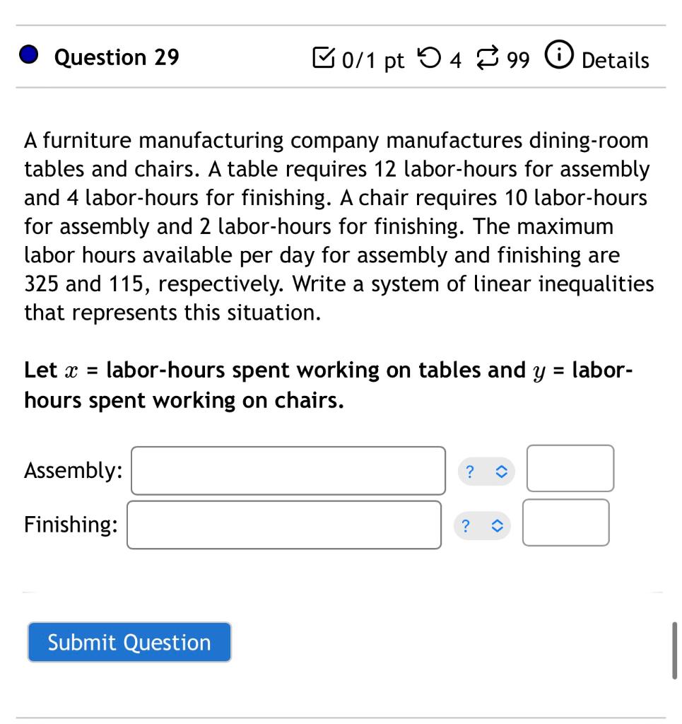 Question 29 B0 1 Pt 5 4 3 99 0 Details A Furniture Manufacturing Company Manufactures Dining Room Tables And Chairs A T 1