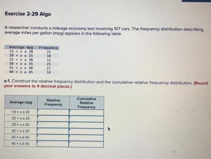 Exercise 2 29 Algo A Researcher Conducts A Mileage Economy Test Involving 107 Cars The Frequency Distribution Describin 1