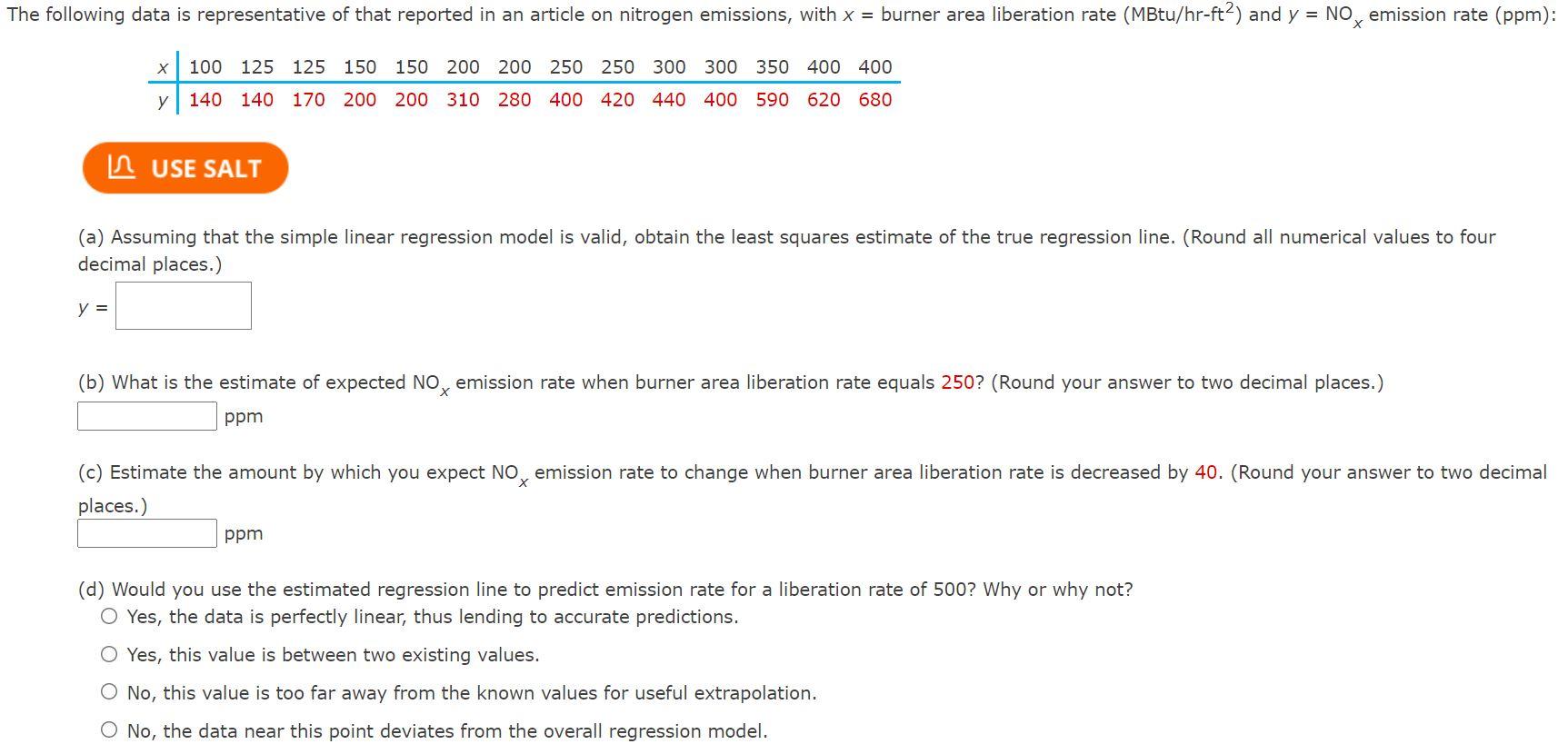 The Following Data Is Representative Of That Reported In An Article On Nitrogen Emissions With X Burner Area Liberati 1