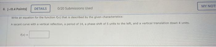 My Noti 6 70 4 Points Details 0 20 Submissions Used Write An Equation For The Function That Is Described By The G 1