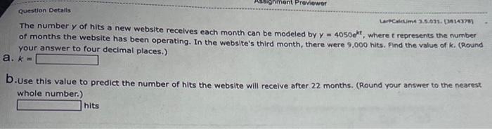 20 Question Details Use Formula Y A B Larpcalcim4 3 5 027 489 Find The Exponential Model That Fits The Points Shown 2