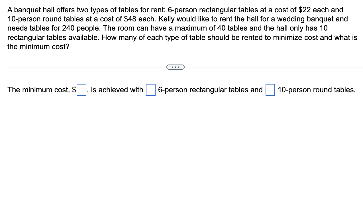 A Banquet Hall Offers Two Types Of Tables For Rent 6 Person Rectangular Tables At A Cost Of 22 Each And 10 Person Roun 1