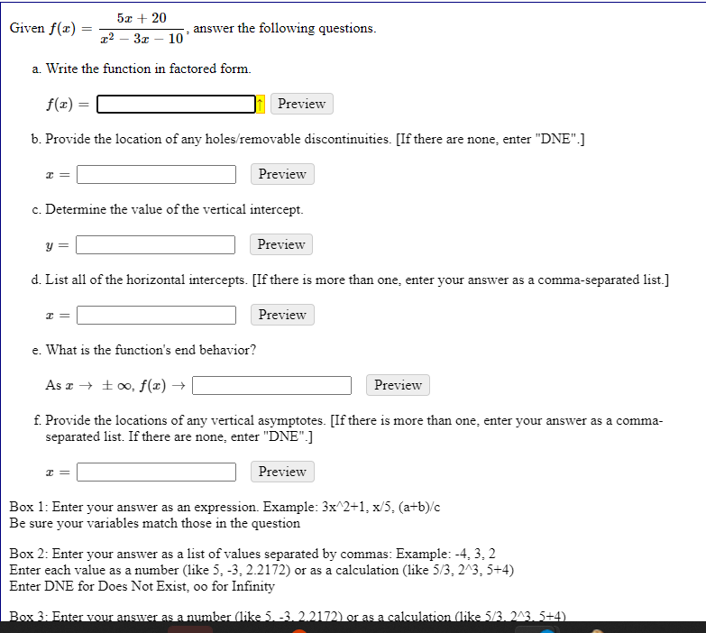 Given F X 5x 20 22 3 0 10 Answer The Following Questions A Write The Function In Factored Form F X Preview 1
