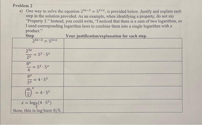 Problem 2 A One Way To Solve The Equation 23x 2 52 Is Provided Below Justify And Explain Each Step In The Solutio 1