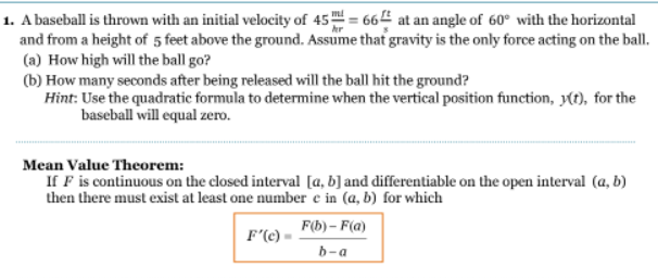 1 A Baseball Is Thrown With An Initial Velocity Of 45 66 At An Angle Of 60 With The Horizontal And From A Height Of 1