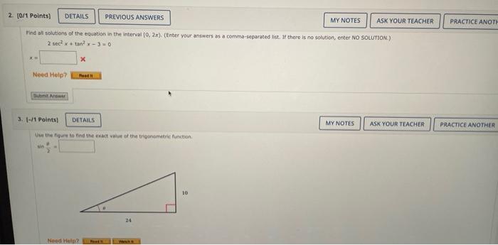 Practice Anoth 2 0 1 Points Details Previous Answers My Notes Ask Your Teacher Find All Solutions Of The Equation In T 1