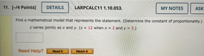 11 14 Points Details Larpcalc11 1 10 053 My Notes Ask Find A Mathematical Model That Represents The Statement Det 1