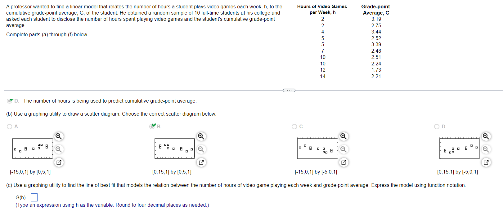 A Professor Wanted To Find A Linear Model That Relates The Number Of Hours A Student Plays Video Games Each Week H To 1
