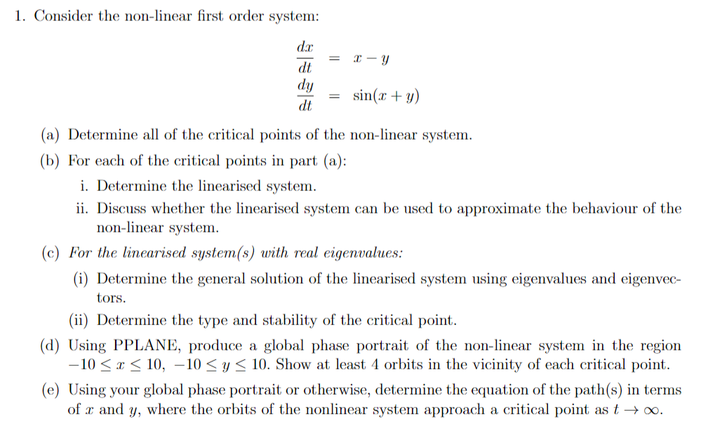 1 Consider The Non Linear First Order System Y Dc Dt Dy Dt Sin X Y A Determine All Of The Critical Points Of Th 1