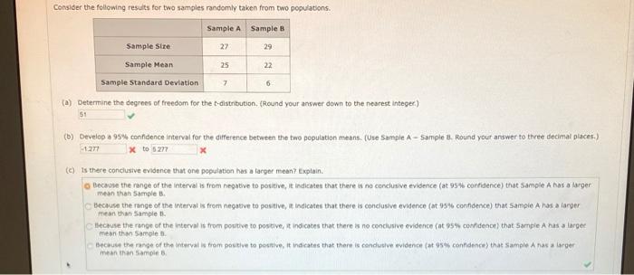 Consider The Following Results For Two Samples Randomly Taken From Two Populations Sample A Sample B Sample Sire 27 29 1