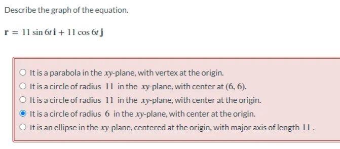 Describe The Graph Of The Equation R 11 Sin 6ti 11 Cos 6tj O It Is A Parabola In The Xy Plane With Vertex At The O 1